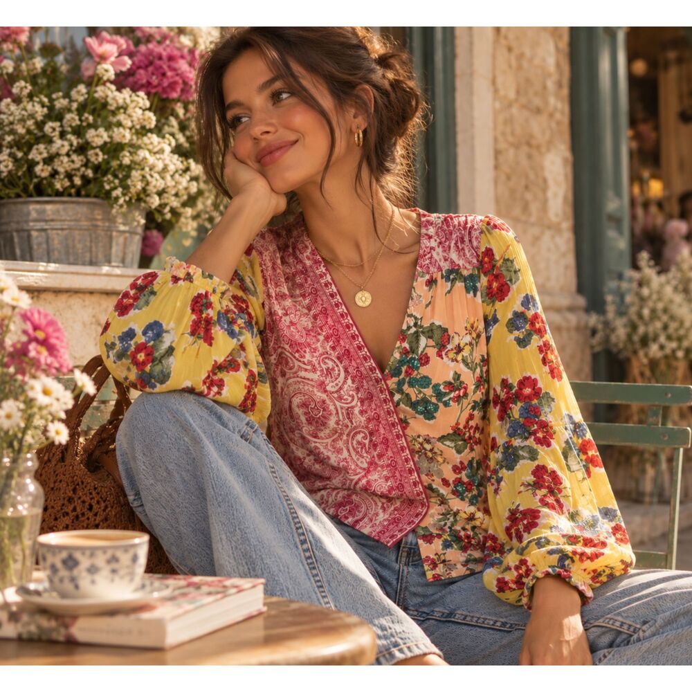 Anthropologie Meadow Rue Floral Patchwork Wrap Blouse Size 12 Boho Viscose